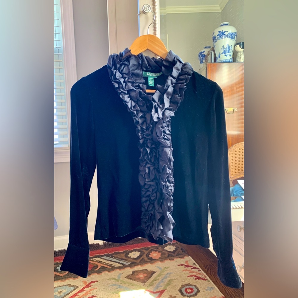 Lauren Ralph Lauren Petite Black Velvet Button Down Blouse with Ruffle Collar 2P